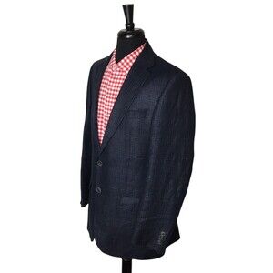Joseph Abboud Tailored Fit Linen/Wool Blue Plaid Sport Coat Blazer 42L